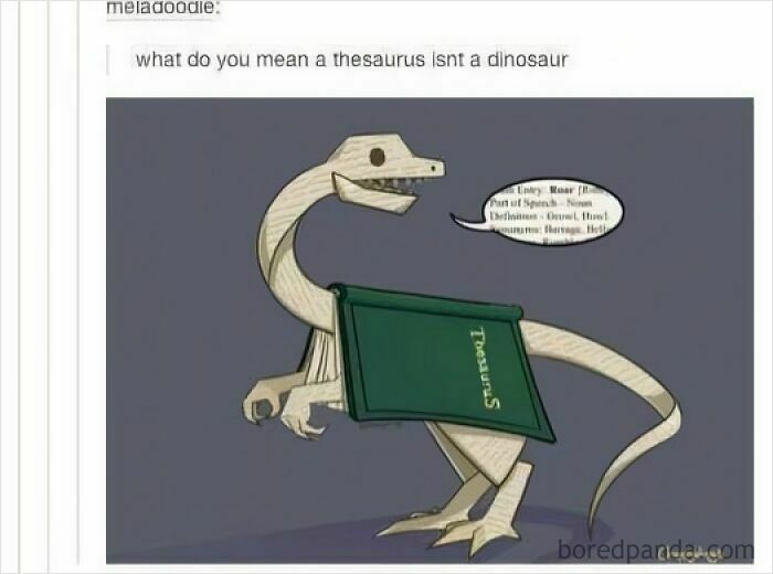 Digital drawing of a dinosaur with a thesaurus as its body by a Tumblr artist known for creative internet art.