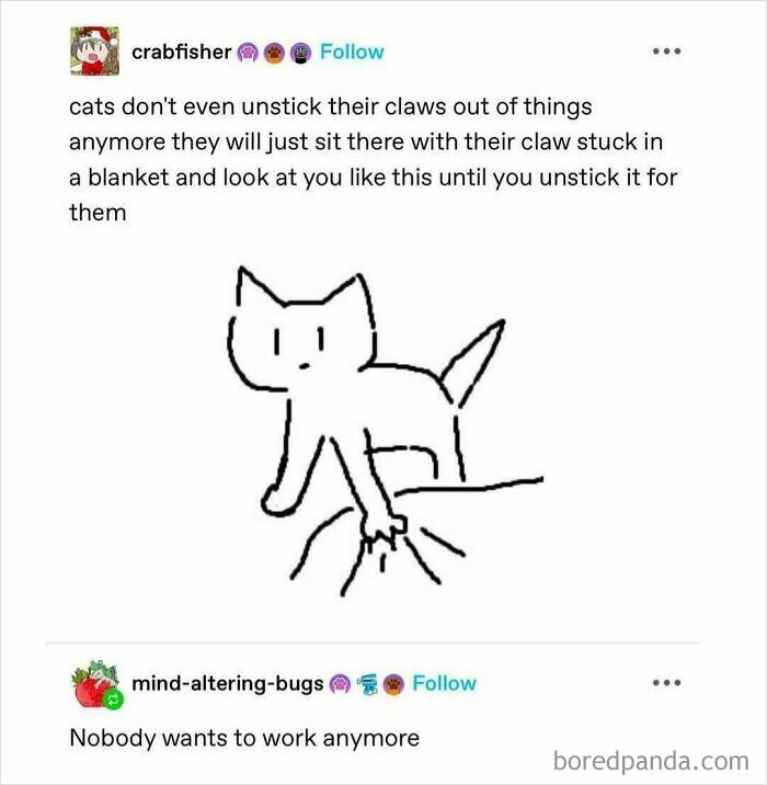 Tumblr art post with a simple cat drawing humorously showing how cats hold their claws stuck in blankets.
