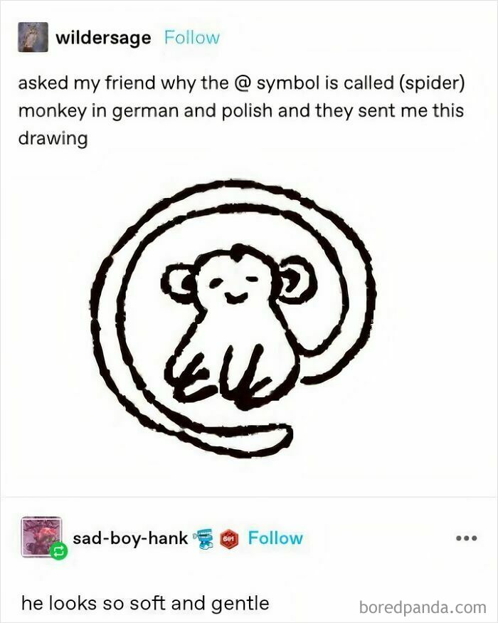 Simple black line drawing of a soft gentle monkey curled inside an @ symbol by a Tumblr artist.