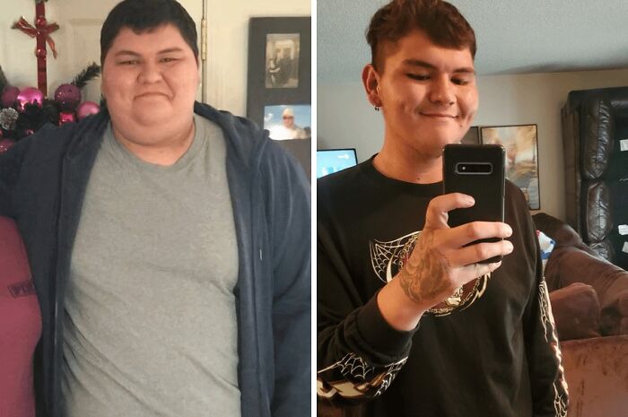 Before and after extreme glow-up transformation showing significant weight loss and facial changes in a young person.