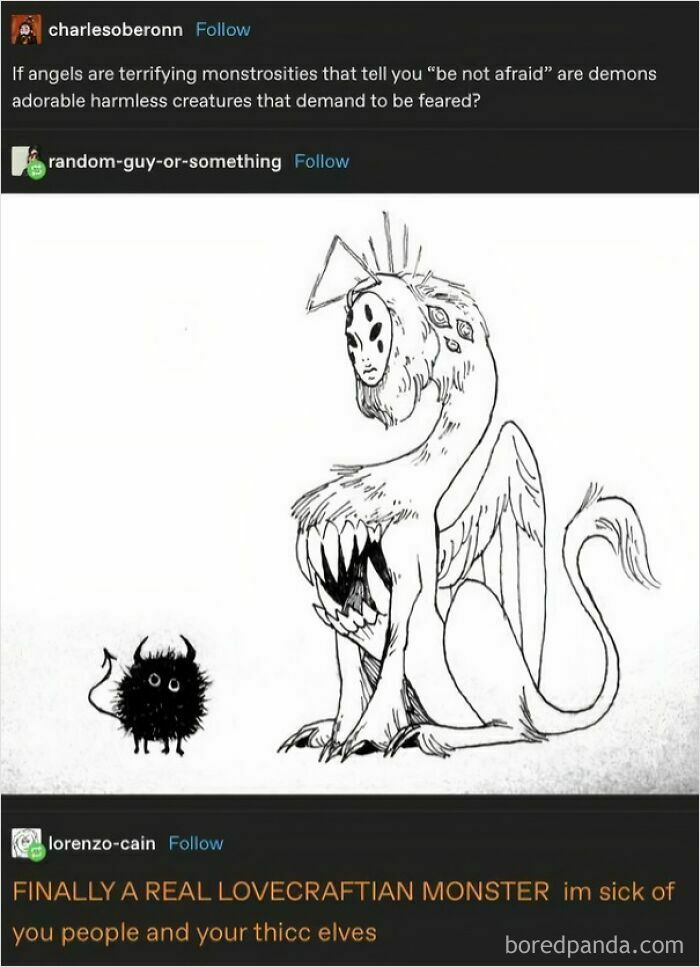 Black and white drawing of a Lovecraftian monster and a small fuzzy creature by Tumblr artists improving internet art.