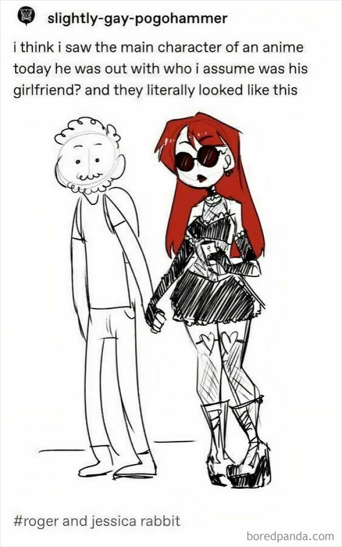 Sketch of a main anime character and girlfriend in goth style, highlighting the creativity of Tumblr artists online.