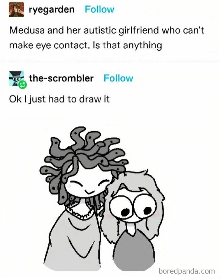 Tumblr artists drawing a cute Medusa with snakes and her autistic girlfriend avoiding eye contact in a simple cartoon style.