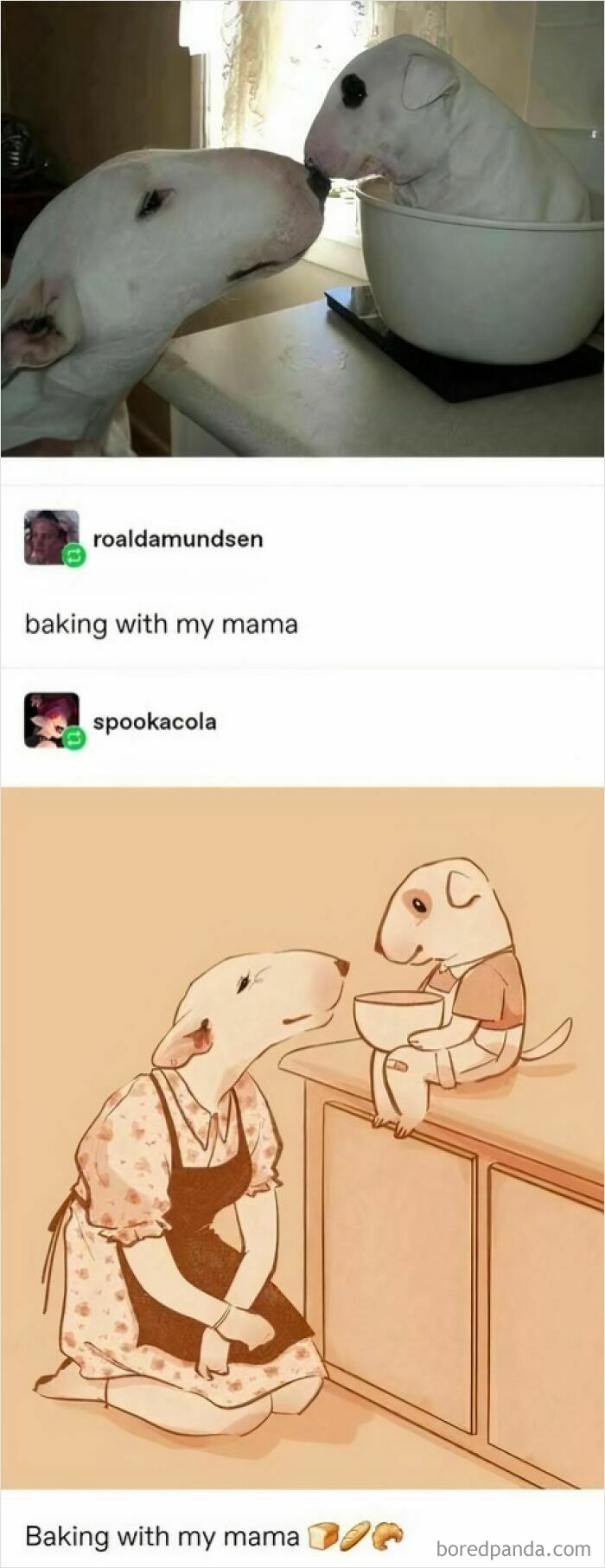 A photo and illustration showing a dog and a puppy baking together inspired by Tumblr artists’ creative works.