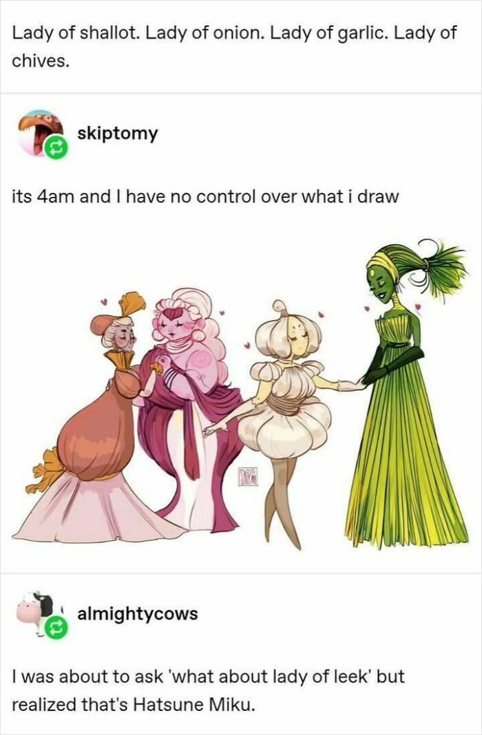 Illustration of ladies personifying shallot, onion, garlic, and chives in a whimsical style by Tumblr artists.