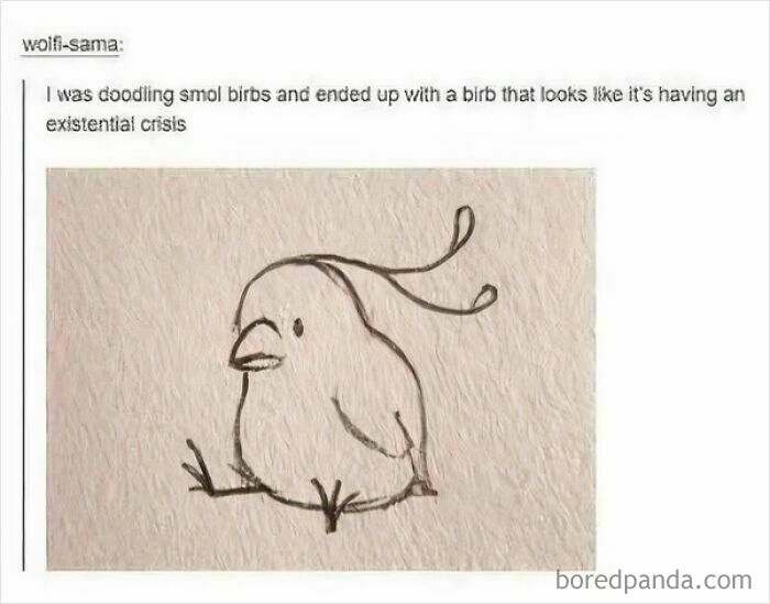 Simple doodle of a small bird looking pensive, showing creativity from Tumblr artists who improved the internet.