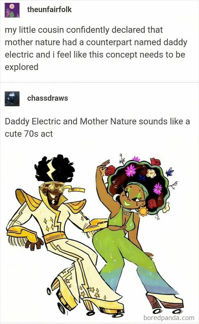 Tumblr artists creating vibrant characters Daddy Electric and Mother Nature in a colorful 70s-inspired illustration.