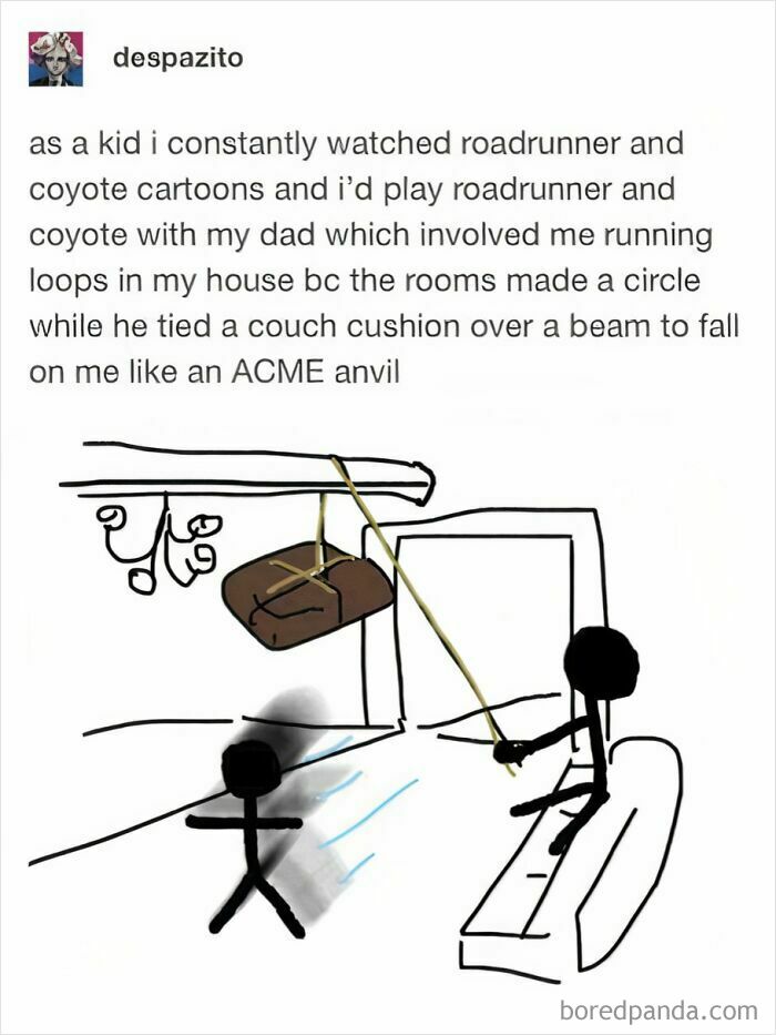 Tumblr artist drawing a stick figure playing roadrunner and coyote with a dad using a couch cushion as an ACME anvil.