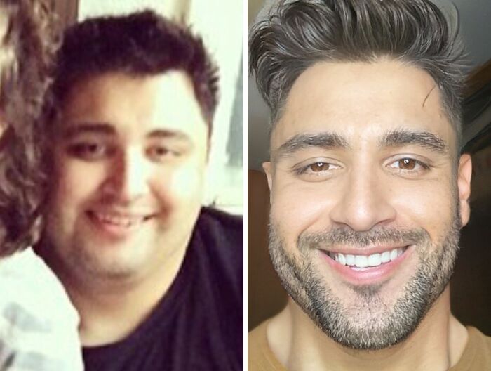 Side-by-side photos showing extreme glow-up transformation with significant weight loss and grooming improvements.