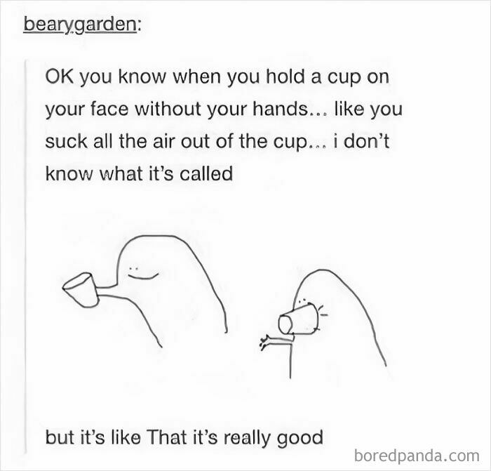 Minimalist cartoon by a Tumblr artist showing a humorous cup trick that made the internet a much better place.