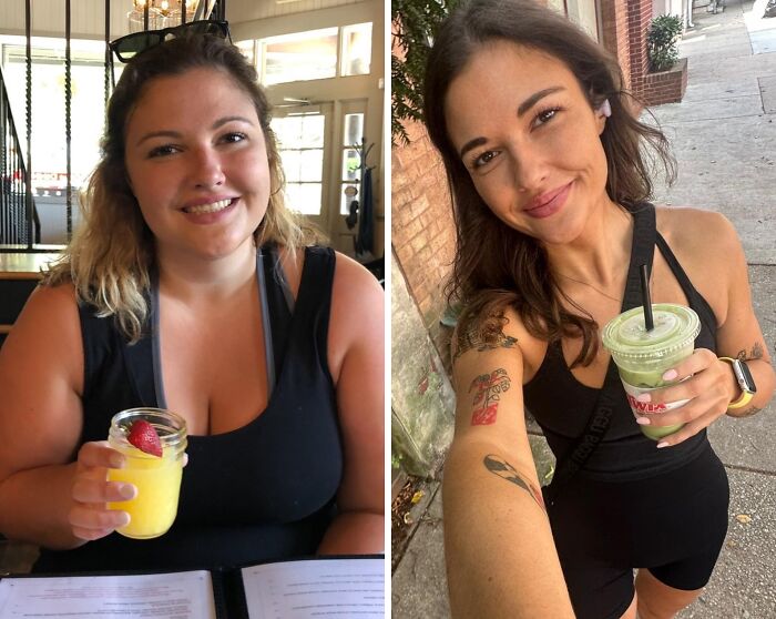 Before and after photos showing an extreme glow-up transformation with noticeable weight loss and style change.