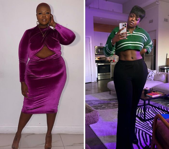 Before and after extreme glow-up transformation of a woman showcasing dramatic style and confidence changes.