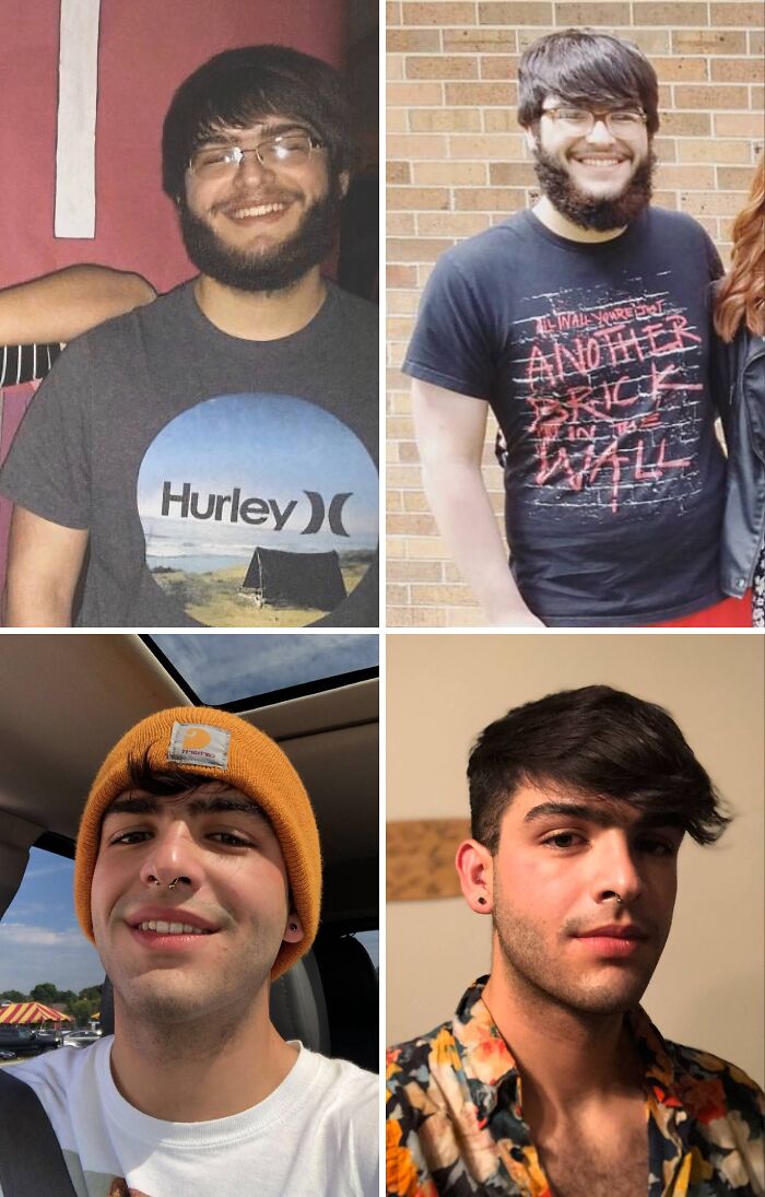 Side-by-side photos showing extreme glow-ups with dramatic before and after transformations of the same young man.