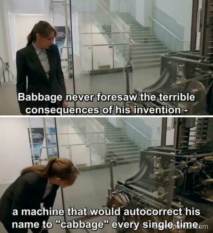 Woman in black suit looking at an old machine with a programming meme about autocorrect frustration, illustrating debugging struggles.