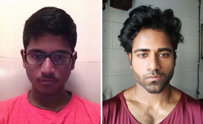 Before and after extreme glow-up transformation of a young man showing dramatic change in appearance and style.