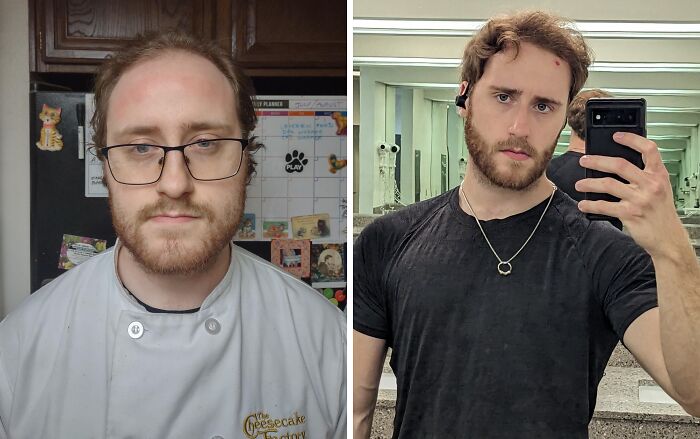 Side-by-side extreme glow-up transformation of a man before and after, showing dramatic physical changes and style updates
