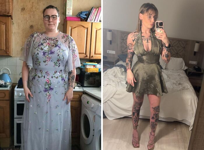 Side-by-side extreme glow-up transformation of a woman before and after significant change in style and appearance