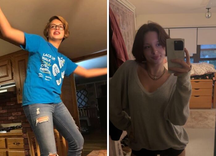 Before and after glow-up transformation showing extreme changes in appearance and style over time.