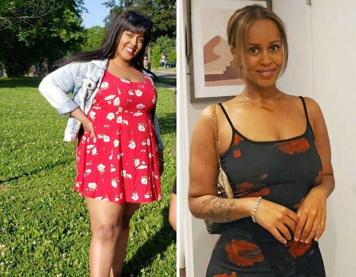 Side-by-side images showing an extreme glow-up transformation of a woman with different styles and appearances.