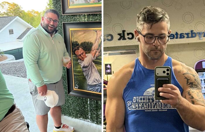 Before and after glow-up transformation showing extreme physical changes and impressive fitness results.