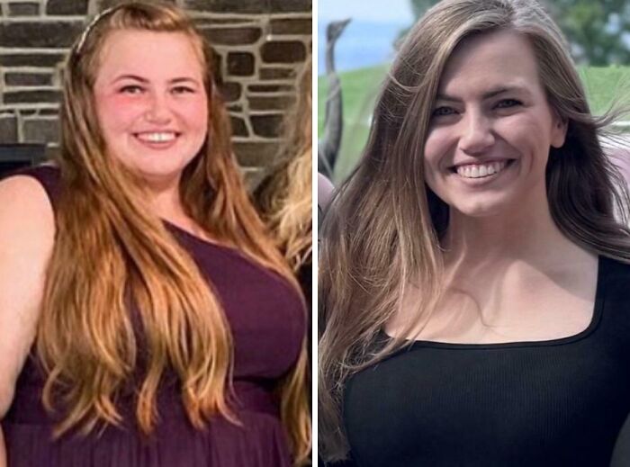 Before and after extreme glow-up transformation showing a woman with long hair and a bright smile.