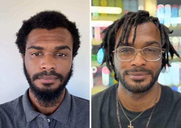 Side-by-side photos showing a dramatic glow-up transformation of a man with different hairstyles and glasses.