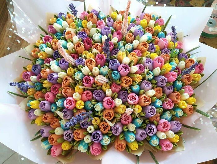 Colorful flower bouquet made from edible dessert tulips
