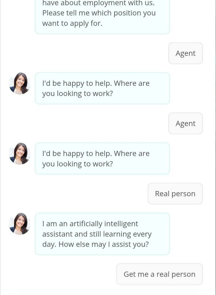 Chatbot conversation showing an AI assistant repeating the same question. A new job can be recruiting hell.