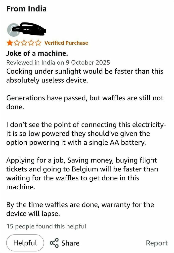 Amazon review screenshot criticizing a slow waffle maker, part of hilarious Amazon reviews that deserve 5 stars.