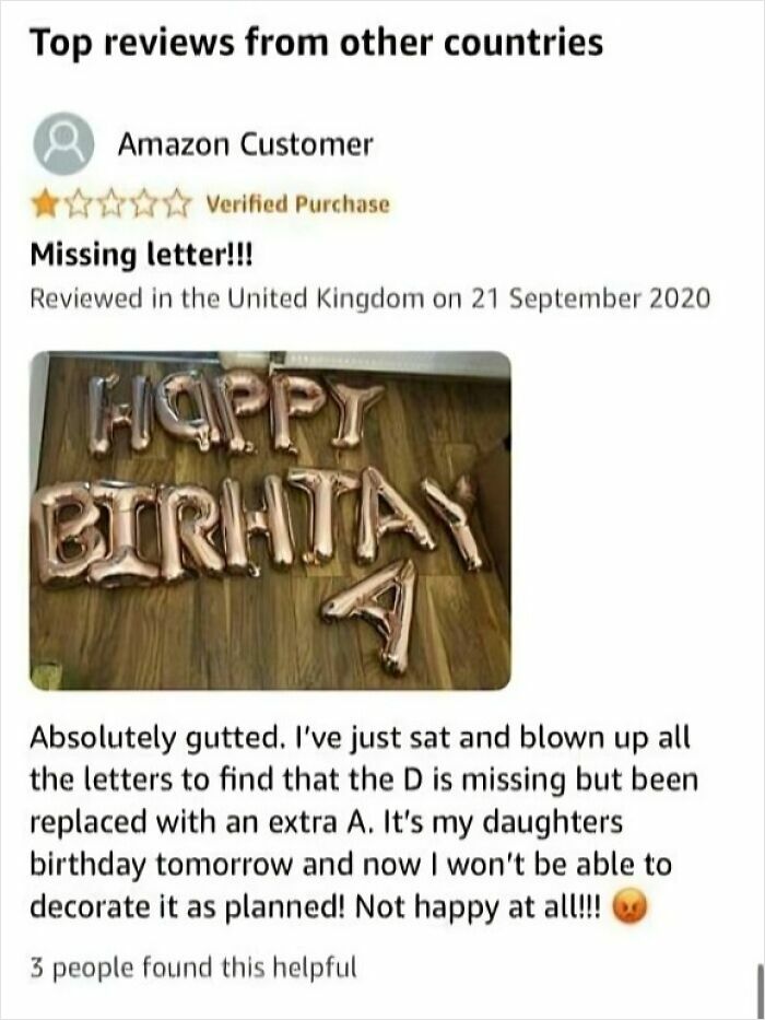 Amazon review screenshot showing a funny missing letter error in party balloons, featured in hilarious Amazon reviews.