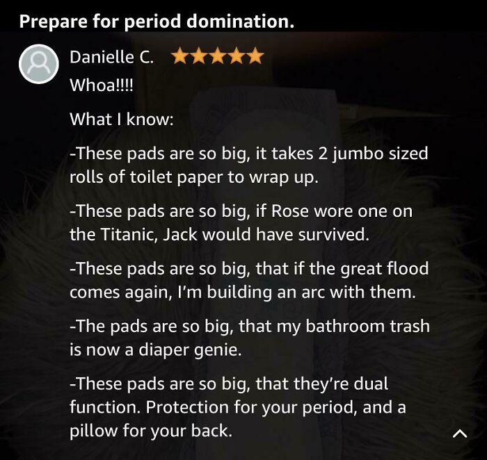 Funny Amazon review text about oversized pads emphasizing humor and period protection, related to eyeliner that won’t run.