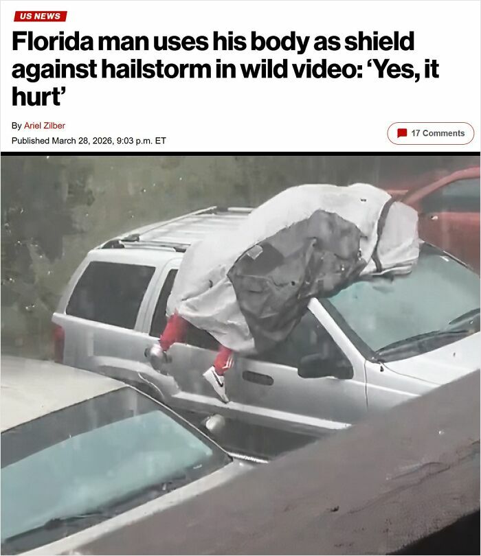Man uses his body as shield during hailstorm, illustrating gut warning signs about something horrible happening.