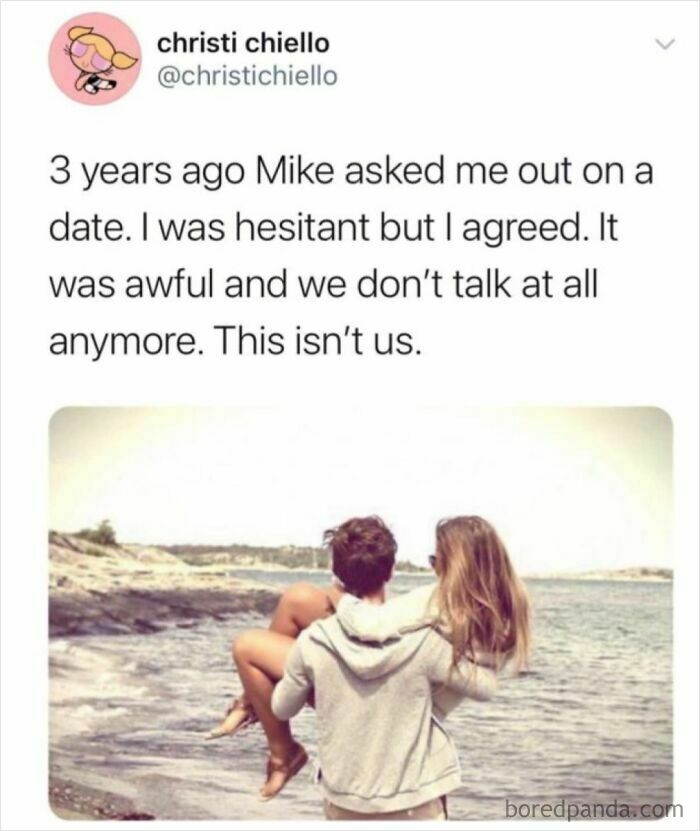 Funny and lighthearted meme showing a humorous breakup story with a couple at the beach, safe-for-work content.