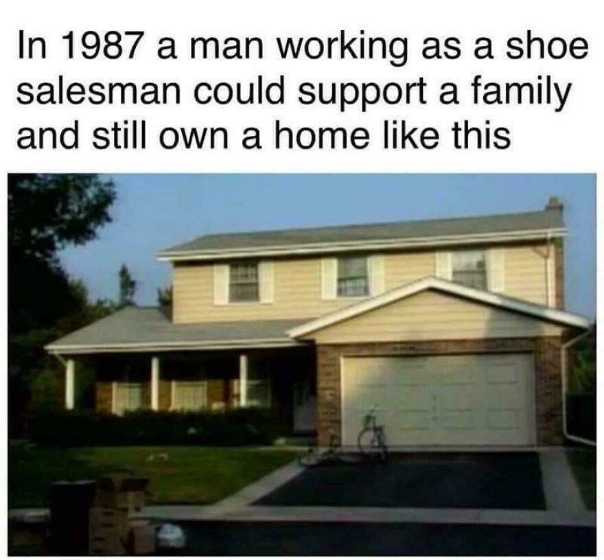 80s nostalgia showing a suburban home and text about a shoe salesman supporting a family in 1987.