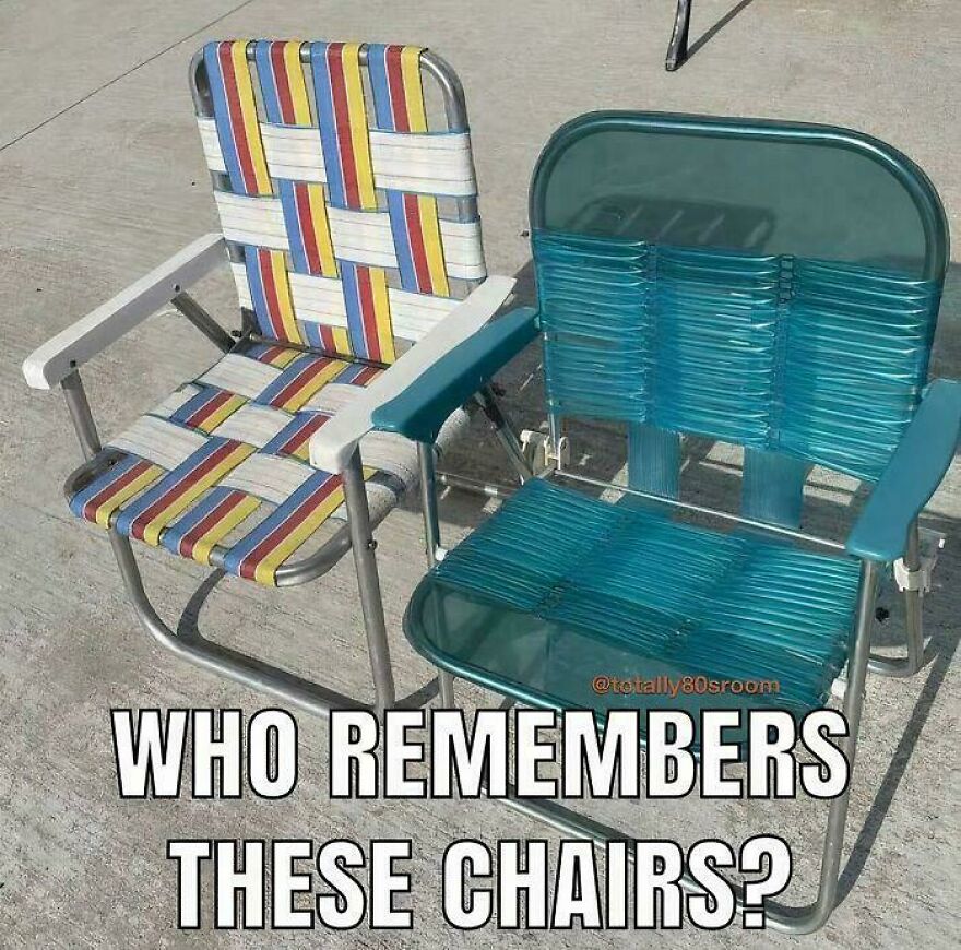 Two vintage lawn chairs from the 80s with colorful webbing and plastic, showcasing parts of our lives that don’t exist anymore.