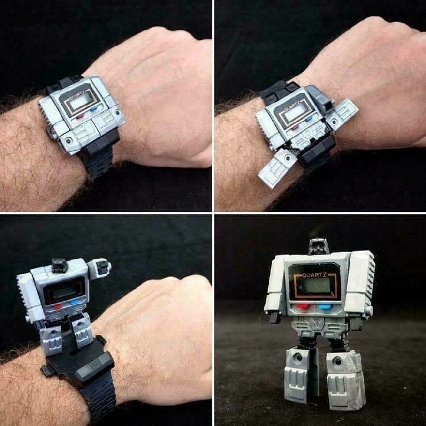 Retro 80s quartz watch transforming into a robot toy, showing nostalgic parts of past lives that no longer exist.