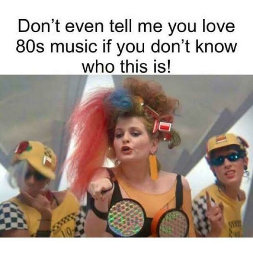 Three people in colorful 80s fashion and hairstyles, referencing iconic 80s music and style culture.