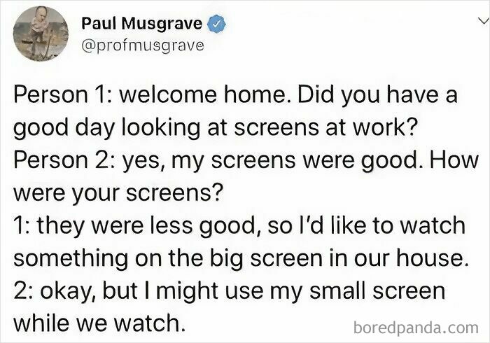 Text exchange meme about screens at work and watching something on a big screen at home, safe-for-work humor.