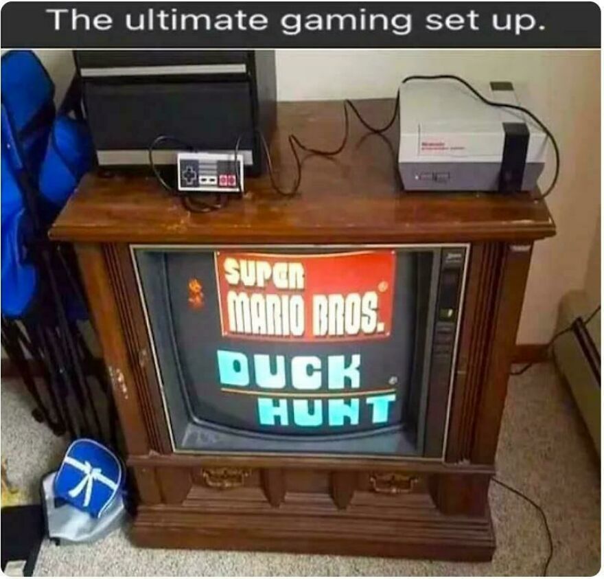 Retro 80s gaming setup with old TV playing Super Mario Bros and Duck Hunt, showing parts of our lives that don’t exist anymore.