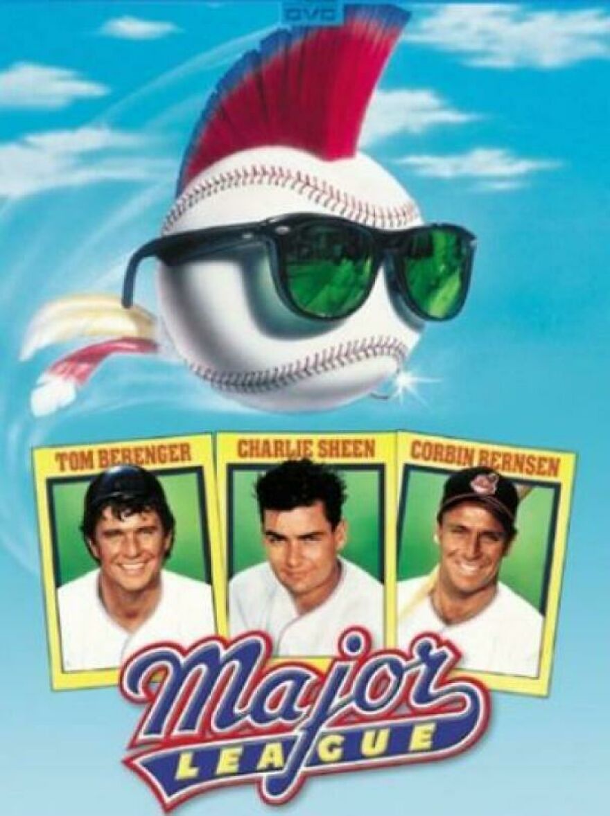 Baseball with a red mohawk and sunglasses flying over vintage Major League player card portraits from the 80s.