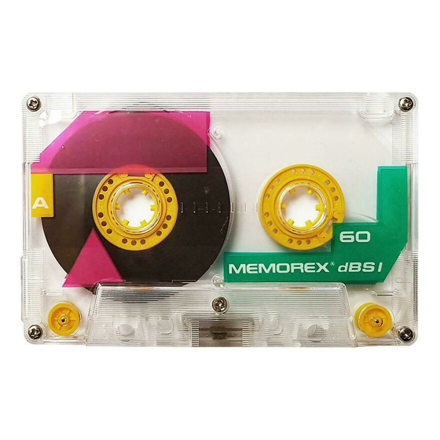 Clear vintage Memorex cassette tape with colored reels, representing 80s technology and parts of our lives that no longer exist.