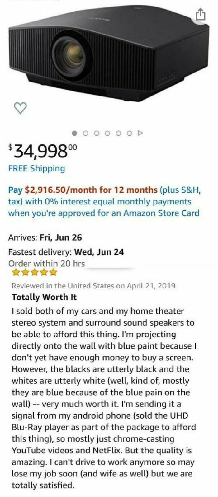 Amazon review screenshot for a high-end projector praising quality and value, highlighted in hilarious eyeliner reviews article.