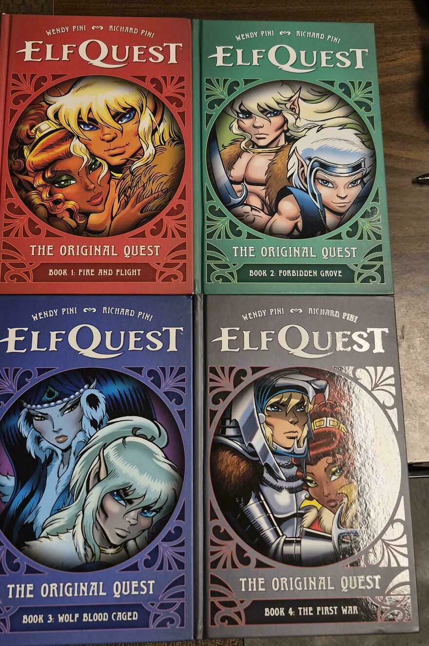 Four ElfQuest comic books with colorful covers depicting fantasy characters from the original quest series from the 80s era.