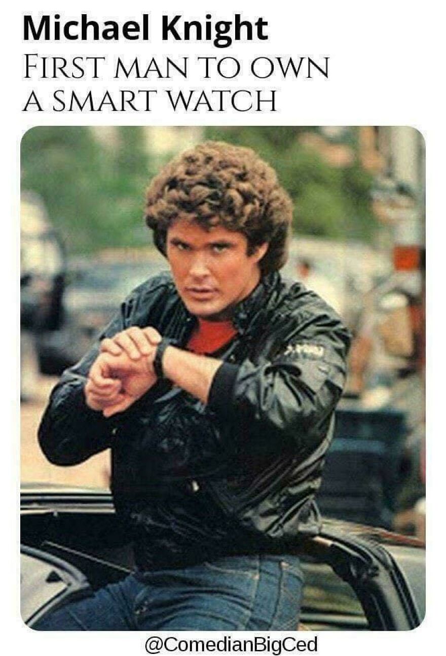 Michael Knight from the 80s TV show Knight Rider checking a smartwatch, representing 80s posts about lost parts of life.