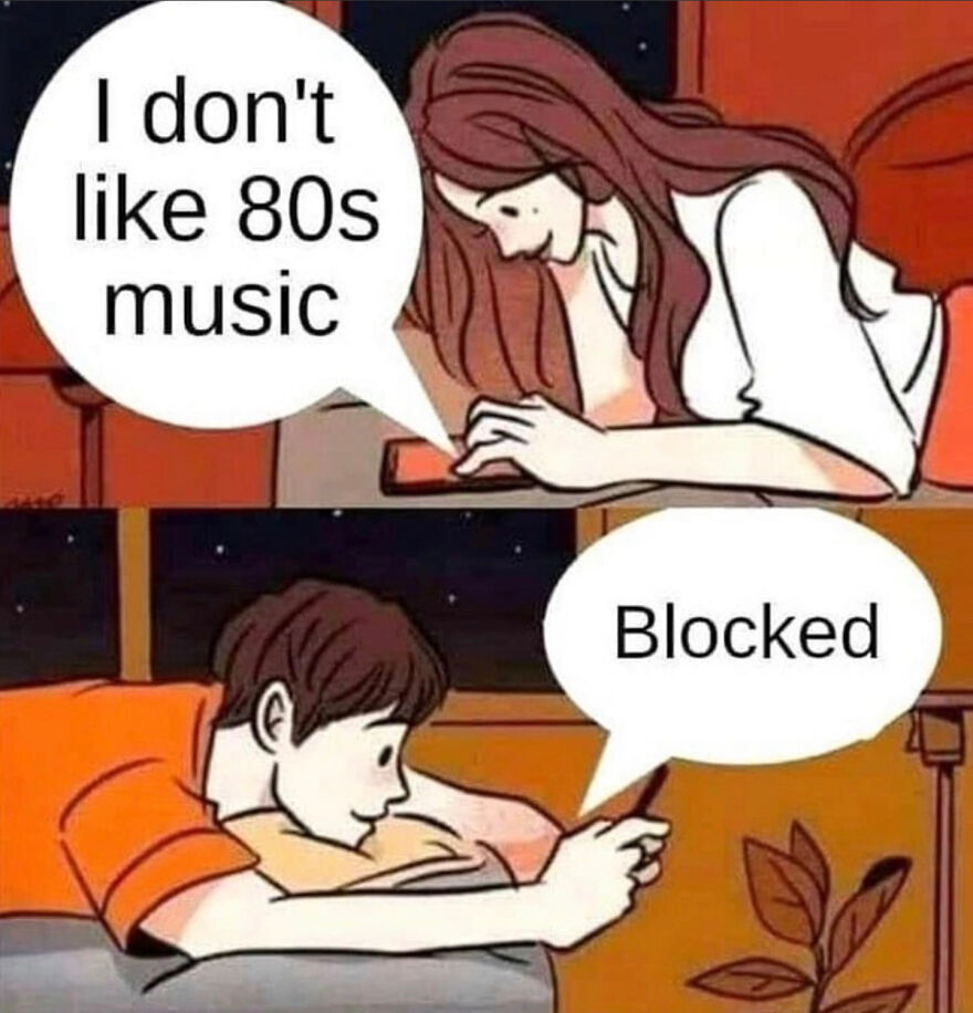 A comic of two people texting, one says they don’t like 80s music, the other replies with blocked, showing 80s life humor.