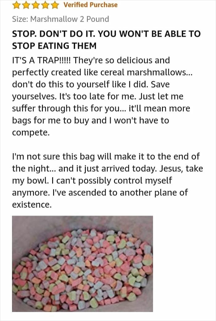 Amazon review of marshmallow cereal with humorous comments, featured in eyeliner hilarious Amazon reviews SEO content.