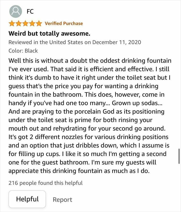 Amazon review praising a unique and efficient drinking fountain with multiple nozzles for versatile use.
