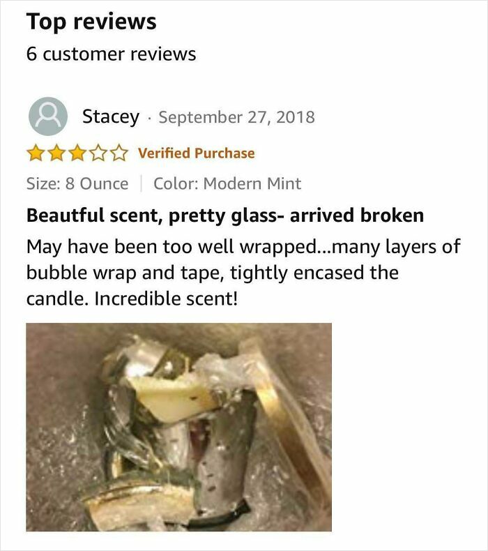 Customer review on Amazon showing broken candle glass despite secure packaging, featured in hilarious eyeliner reviews.