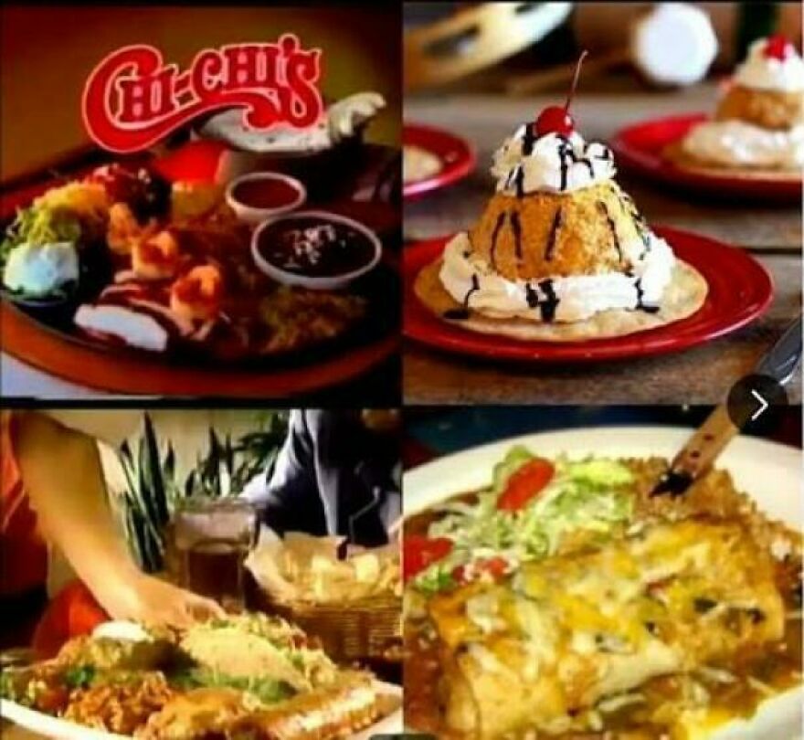 Collage of classic '80s foods including a Chi-Chi's platter, fried dessert, and enchiladas with sides on colorful plates.