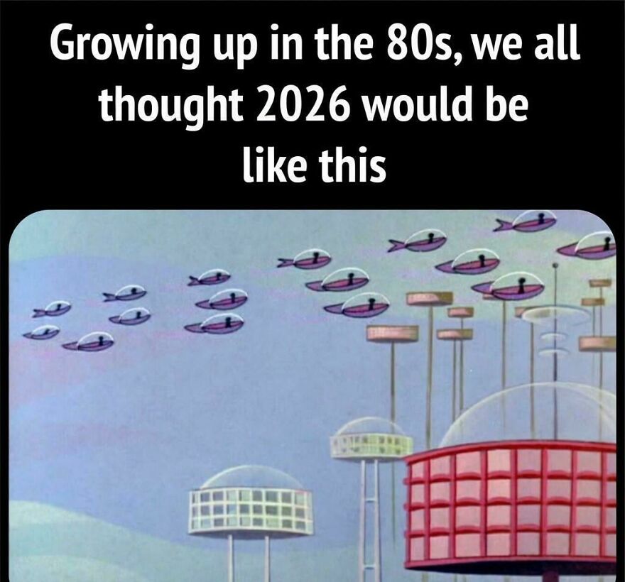 Cartoon scene with futuristic flying vehicles and buildings reflecting 80s nostalgia and parts of our lives that no longer exist.